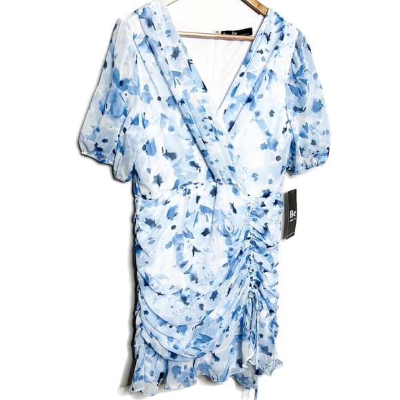 New with Tags Be By Chetta B Women's Ivory Navy Fitted Mini Ruched Ruffle Dress - Picture 3 of 16